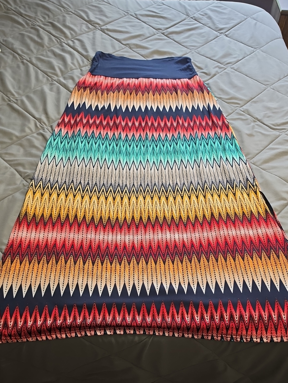 Vanity Multicolor Chevron Maxi Skirt with Navy Waistband